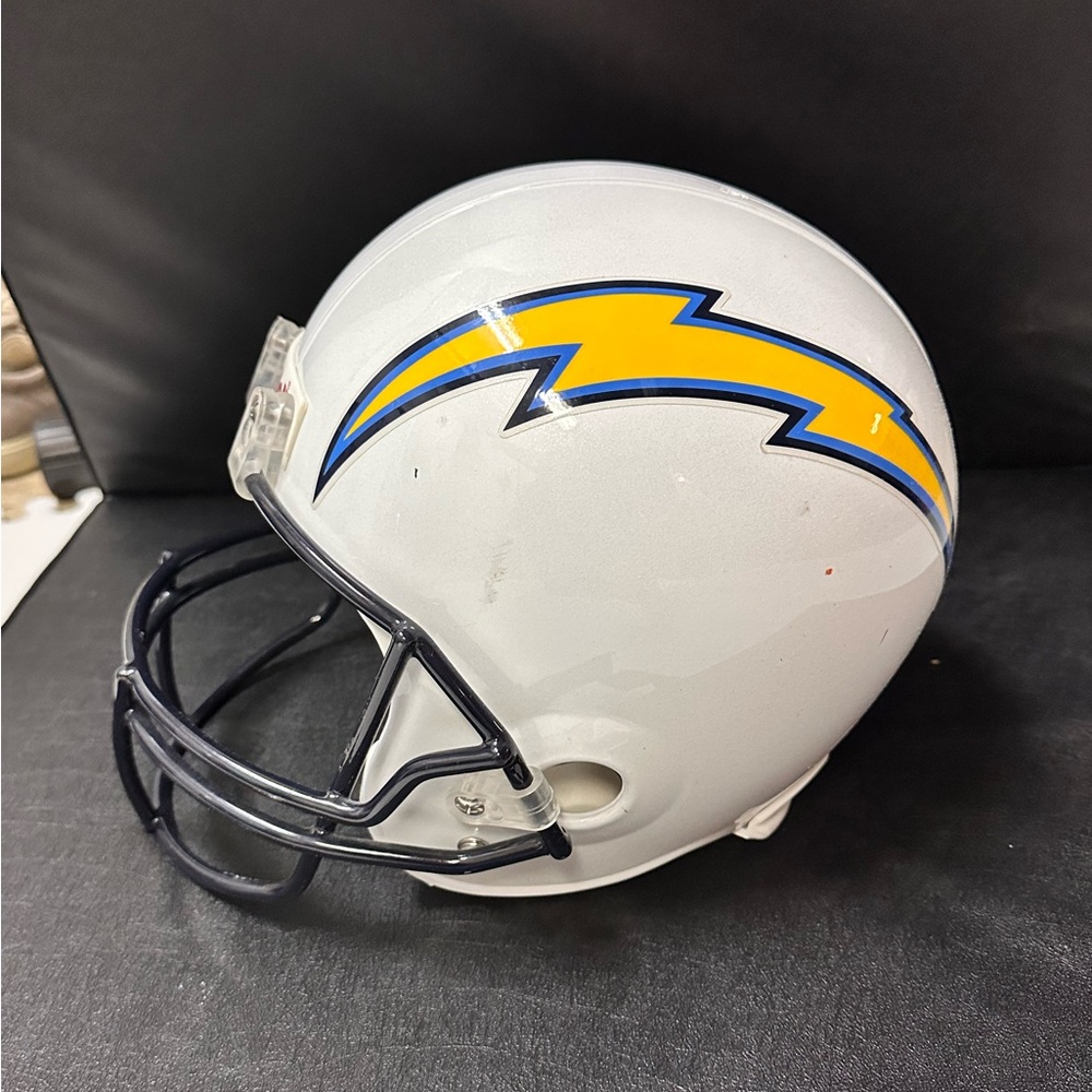 White Football Helmet with Blue and Yellow Lightning Bolt